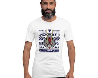 May include: White t-shirt with a blue and white graphic design featuring a robot head with the text "MOBILE SUIT ZGMF-X10A" and "X-10A".