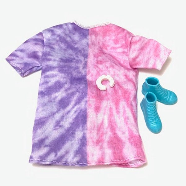 Barbie fashions tie dye pink & purple dress with blue shoes and bracelet set