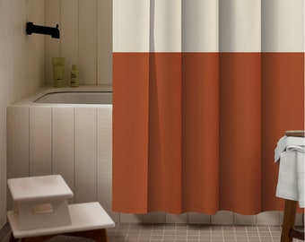 Burnt Orange Two Tone Retro Shower Curtain | Minimalist Shower Curtain and Matching Bath Mat