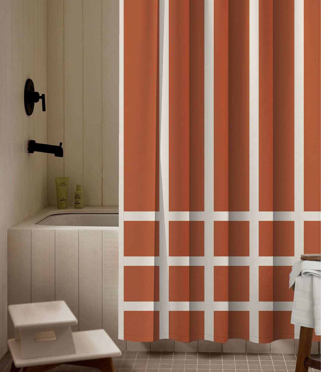 Burnt Orange Two Tone Retro Shower Curtain Minimalist Shower Curtain