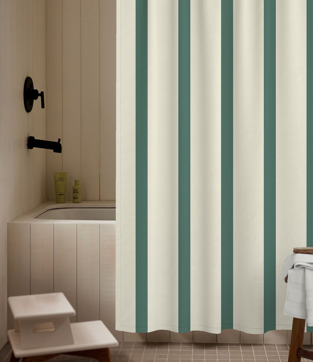 Basic Stripes Forrest Green Shower Curtain Minimalist Retro Shower