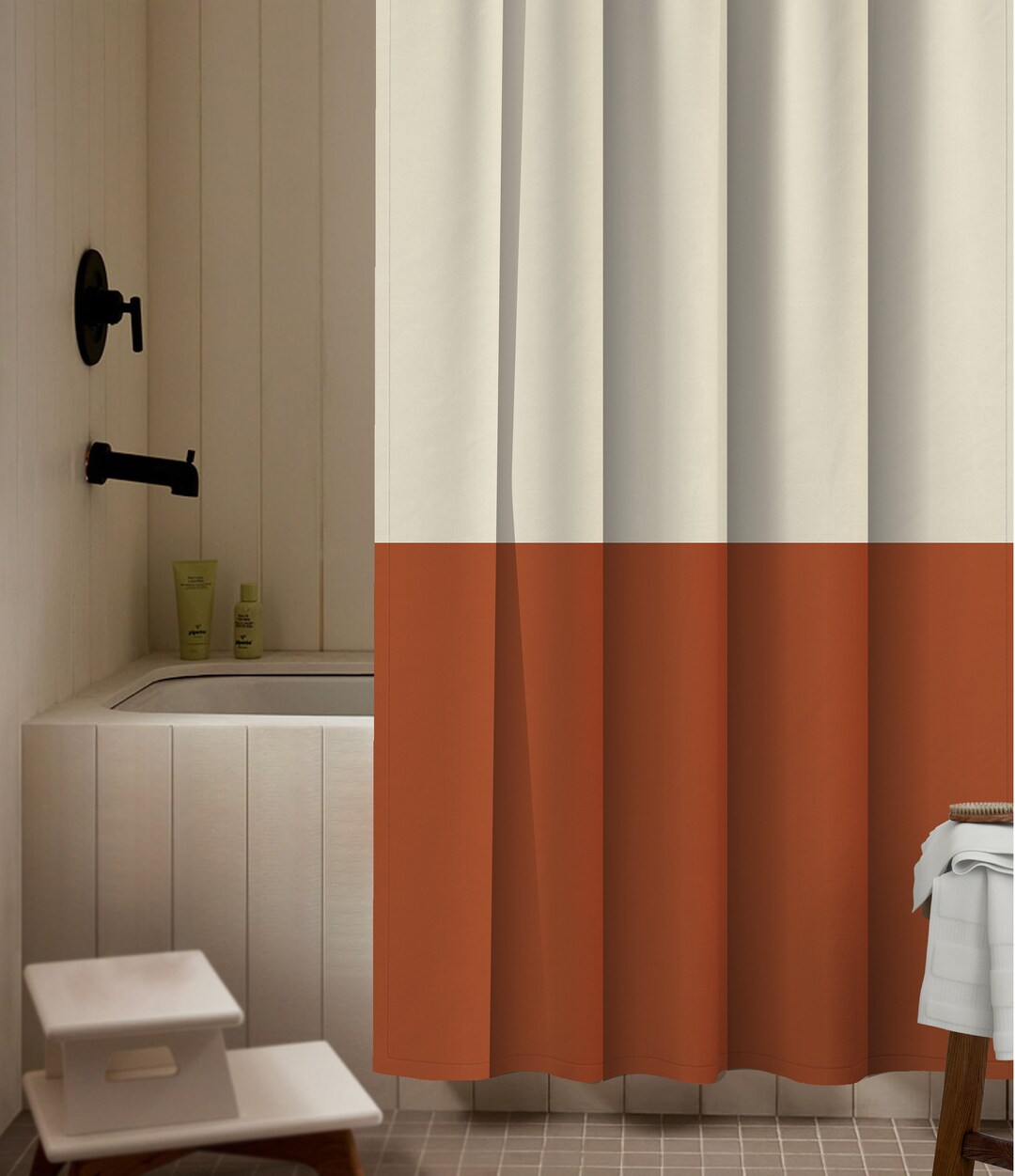 Burnt Orange Two Tone Retro Shower Curtain Minimalist Shower Curtain