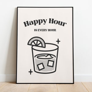 Happy Hour Poster  |  Retro Cocktail Art | Groovy Poster | Bar Cart Art