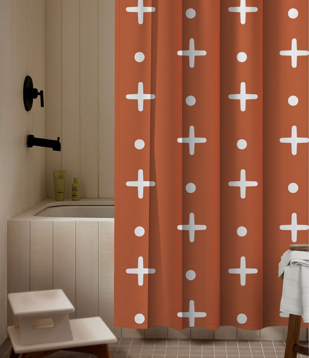 Burnt Orange Two Tone Retro Shower Curtain Minimalist Shower Curtain