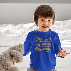 Maglietta per bambini con escavatore e veicoli da costruzione, maglietta a maniche lunghe per bambini con zona di costruzione, trattore d&#39;epoca, autocarro con cassone ribaltabile, trattore, bambini piccoli