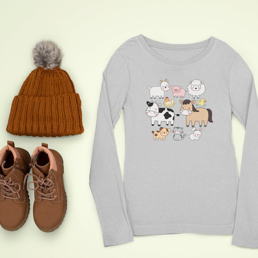 Kids Farm Animals Long Sleeve Tee,Cute Animal Long Sleeve Shirt,Animals T-Shirt,Animal Lover Tee,Farm Animal Long Sleeve,Shirt For Boy Girl