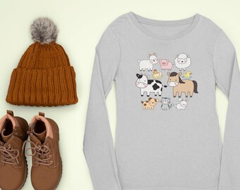Farm Animals-T-shirt met lange mouwen voor kinderen, shirt met schattige dieren