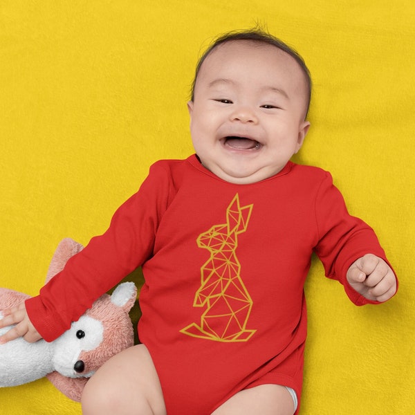 Rabbit Chinese Zodiac Long Sleeve Baby Red Onesie Jumpsuit (NB-24mo) Lunar New Year 2023,Year of the Rabbit,Kids Boys Red T-Shirt,兔