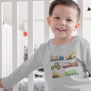 Veicoli da costruzione per escavatori, maglietta a maniche lunghe per bambini con scritta &quot;Cantiere&quot;, maglietta per bambini con scritta &quot;Trattore d&#39;epoca&quot;, autocarro con cassone ribaltabile, trattore, bambini piccoli