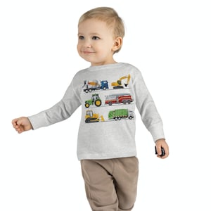 Veicoli da costruzione per escavatori, maglietta a maniche lunghe per bambini con scritta &quot;Cantiere&quot;, maglietta per bambini con scritta &quot;Trattore d&#39;epoca&quot;, autocarro con cassone ribaltabile, trattore, bambini piccoli