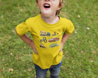 T-Shirt Enfant Véhicules De Chantier Et Ferme – Tracteur, Excavateur, Camion Benne – Cadeau Pour Petit Fan