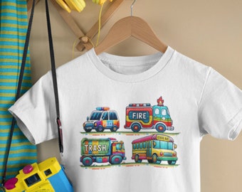 May include: White t-shirt featuring a colourful graphic of four vehicles: a police car, a fire engine, a refuse truck, and a school bus. The vehicles are cartoon-style and have the words "Police", "Fire", "Trash", and "School Bus" written on them.