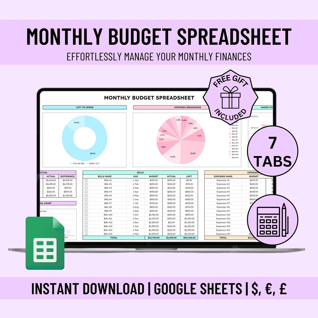 Budget Planner Google Sheets Monthly Budget Spreadsheet Paycheck Budget ...