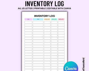 Registro de inventario editable, registro de inventario imprimible, lista de inventario, formulario de gestión de inventario, registro de inventario de productos, descarga instantánea
