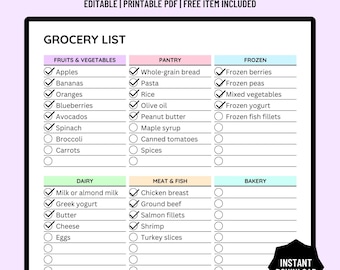 Editable Grocery List Template, Grocery Planner, Food Shopping List, Grocery Checklist, A4/A5/Letter, Instant Download