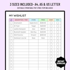 Lista de deseos editable, imprimible, cosas para comprar, plantilla de lista de deseos, lista de compras, lista de compras en tienda, registro de compras en PDF, A4/A5/carta