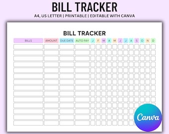 Editable Yearly Bill Tracker Printable, Bill Payment Checklist, Bill Organizer, Finance Planner, Bill Payment Tracker, Instant Download PDF