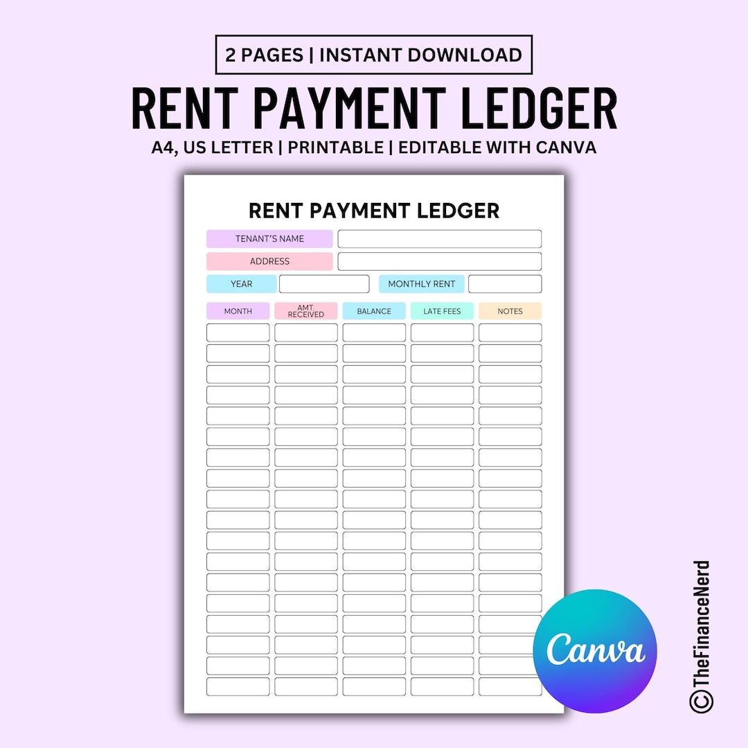 Editable Rent Payment Ledger, Printable Rental Payment Tracker, Monthly ...