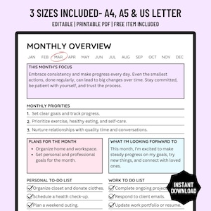 Editable Monthly Overview Template, Monthly Planner, To Do List Template, Task List, Goal Planner, A4/A5/Letter, Instant Download