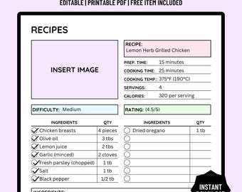 Editable Recipe Book Template, Blank Recipe Page, Cook Book Journal, Recipe Card, Recipe Planner, A4/A5/Letter, Instant Download