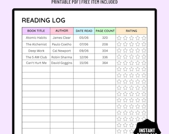 Afdrukbaar leeslogboek, afdrukbare dagboekpagina, plannerpagina, boektracker, leestracker, boekdagboek, boektracker, A4/A5/Letter