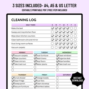 Planejador de limpeza editável, lista de verificação de limpeza, cronograma, planejador de limpeza para TDAH, quadro de tarefas domésticas, colorido, A4/A5/carta