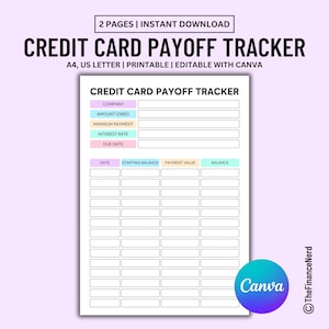 Rastreador de pagos de tarjetas de crédito editable, Rastreador de pagos de tarjetas de crédito, Rastreador de pagos de deudas, Rastreador de pagos de deudas, Reducción de deudas, Tamaño A4/Carta