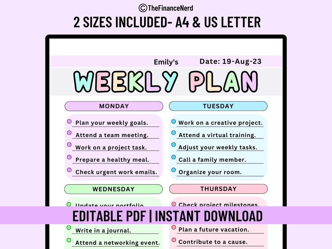 Editable Weekly Planner Printable Weekly Planner Digital - Etsy