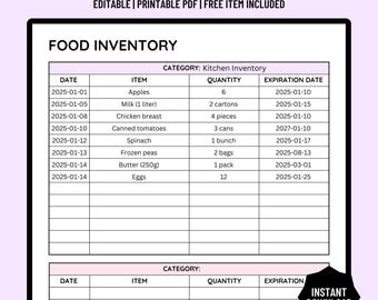 Editable Kitchen Inventory, Pantry Organization, Food Inventory Tracker, Kitchen Stock Management, Journal Template, A4/A5/Letter