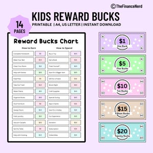 Bearbeitbare Kids Reward Bucks zum ausdrucken, Kids Reward Coupons, Chore Bucks, druckbares Muttergeld, Belohnungssystem für Kinder, Canva editierbar
