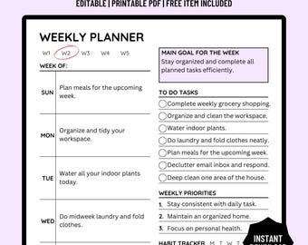 Planificador semanal editable, imprimible, planificador semanal, organizador semanal, plantilla de lista de tareas semanales, plan semanal, plan semanal, A4/A5/carta