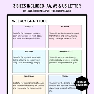 Diario de gratitud semanal editable, diario de gratitud, página de diario de bienestar, diario de salud mental, tamaño A4/A5/carta, descarga instantánea
