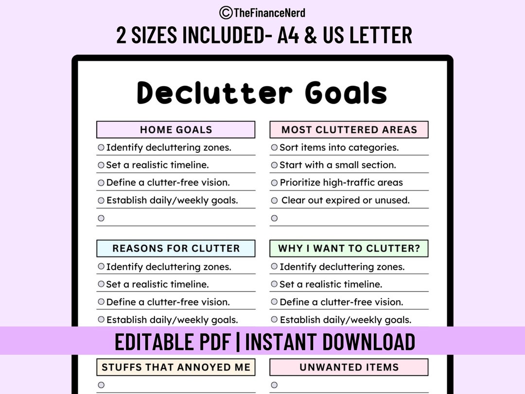 Editable Declutter Goals Checklist, Cleaning Checklist, Cleaning ...