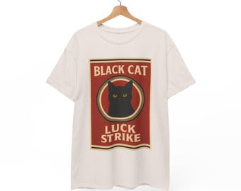May include: White t-shirt featuring a black cat graphic and the text "Black Cat Luck Strike" in a vintage style.