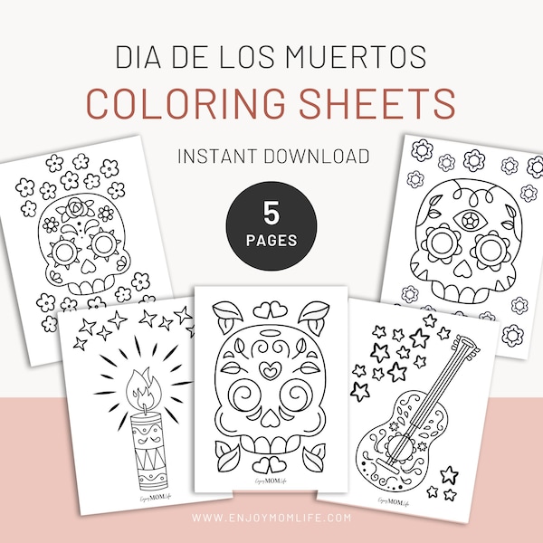 Dia De los Muertos Coloring Pages, Day of the Dead Coloring Sheets, Cute Kids Halloween Coloring Activity, Sugar Skull Coloring Pages Book