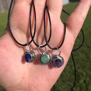 Tiny Spill the Tea Crystal Teacup Charm Pendant Necklace; Natural Lapis Lazuli, Green Aventurine, Amethyst; Spilling Coffee Cup and Saucer