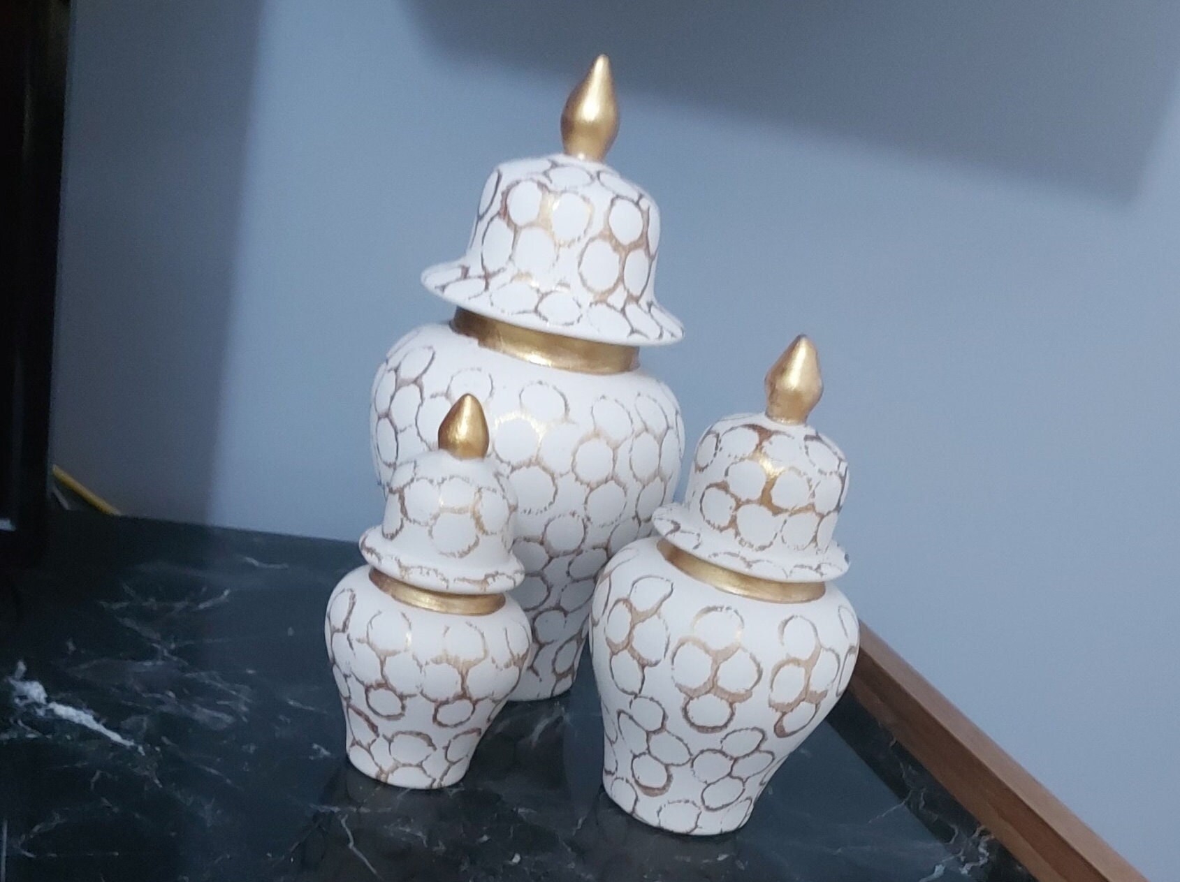 White and Gold Ginger Jar Set 3 Piece Set White Ceramic Vase Etsy