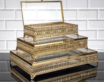 Gold & Silver Glass Jewellery Box, Brass Metal Box, Elegant Vintage Style Glass Box, Antique Style Mirror Jewelry Box, Dressing Table Decor