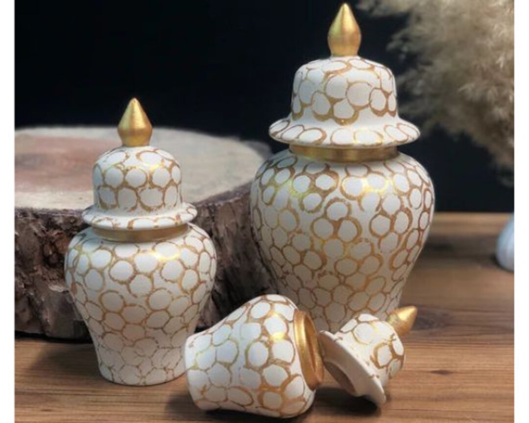 White and Gold Ginger Jar Set 3 Piece Set White Ceramic Vase Etsy