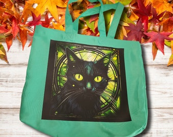 Halloween Tote Bag Cat Tote Bag Trick or Treat Tote Bag Reusable Tote Halloween Cat Tote Fall Tote Bag Cat Lover Tote Bag Teal Tote Bag