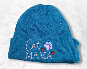 Cat Mama Embroidered Beanie Winter Hat for Cat Mom Gift for Cat Lovers Winter Accessory