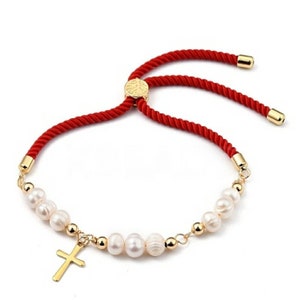 Beautiful Pearl and Cross Bracelet  | Red and Gold Cross Christmas Bracelet Gift | Red Holiday Bracelet | Cross Bracelet | Christian Jewelry