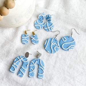 Blue and White Earrings, Game Day Earrings, UNC Tarheel Earrings, Handmade Jewelry, Polymer Clay Earrings, Gift for Friend, Surgical Steel