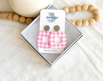 Pink Gingham Earrings, Handmade Jewelry, Polymer Clay Earrings, Handmade Gifts, Gifts under 30, Birthday Gift for Her, Surgical Steel