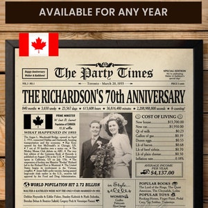 Cadeaux 70e anniversaire de mariage, journal 70e anniversaire de mariage pour le CANADA, décorations 70e anniversaire, cadeau d'anniversaire 70 ans pour couple