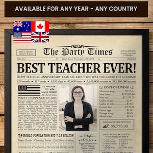 Work Anniversary Gift, Personalized Work Anniversary Newspaper Poster, ANY Year Work Gift for Teachers, PRINTABLE Unique Gift for Her or Him