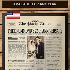 Regali per il 25° anniversario di matrimonio per coppie, regali per il 25° anniversario di matrimonio per marito, regalo per il 25° anniversario di matrimonio, cartello per giornale per il 25° anniversario di matrimonio