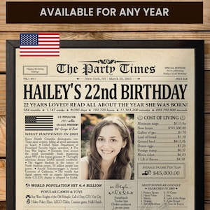 Personalized 22nd Birthday Gift, 22nd Birthday Newspaper Poster, Back in 2003, Custom Gift for Her or Him,22nd Birthday Party Decorations