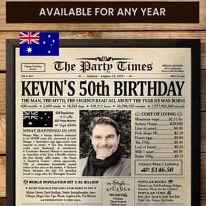 50th Birthday Newspaper Poster Sign, Personalized Birthday Posters, AUSTRALIA, 50th Birthday Party Decorations for Women , Back in 1975
