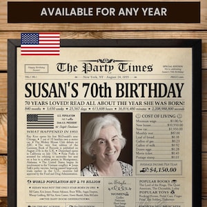 Cartel de periódico personalizado para el 70.° cumpleaños, regalo para el 70.° cumpleaños para mujeres u hombres, regalos para los que cumplieron 70 años en 1955, decoraciones para el 70.° cumpleaños
